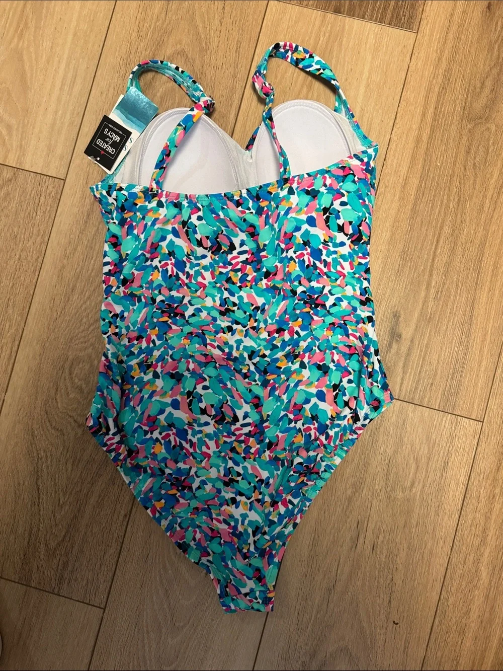 Swim Solutions NWT 10  Blue Multi-Print Sweetheart tummy One-Piece Swimsuit - Picture 4 of 8